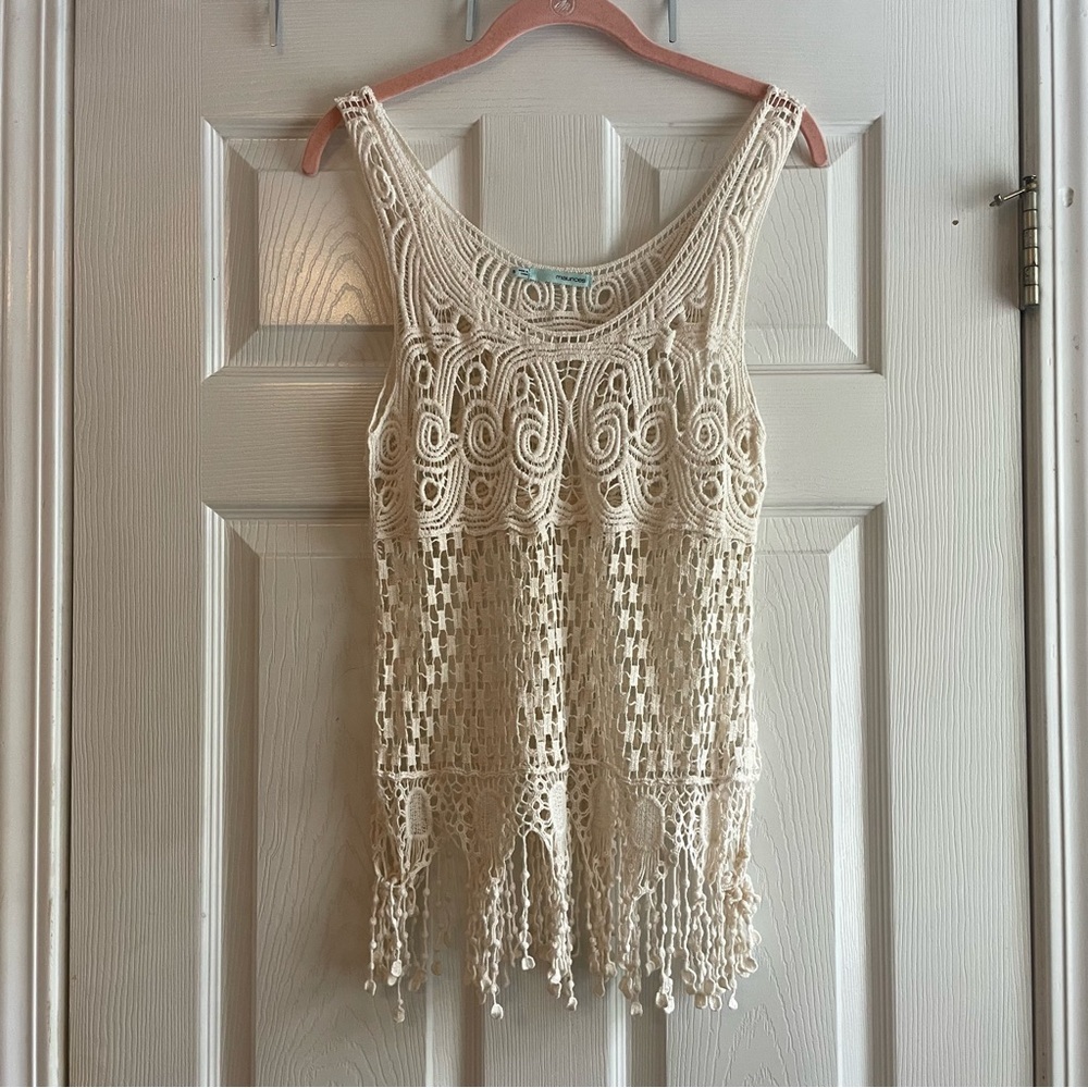 Maurices Small Cream Cotton Tank Top Fringe Hem Boho Style
